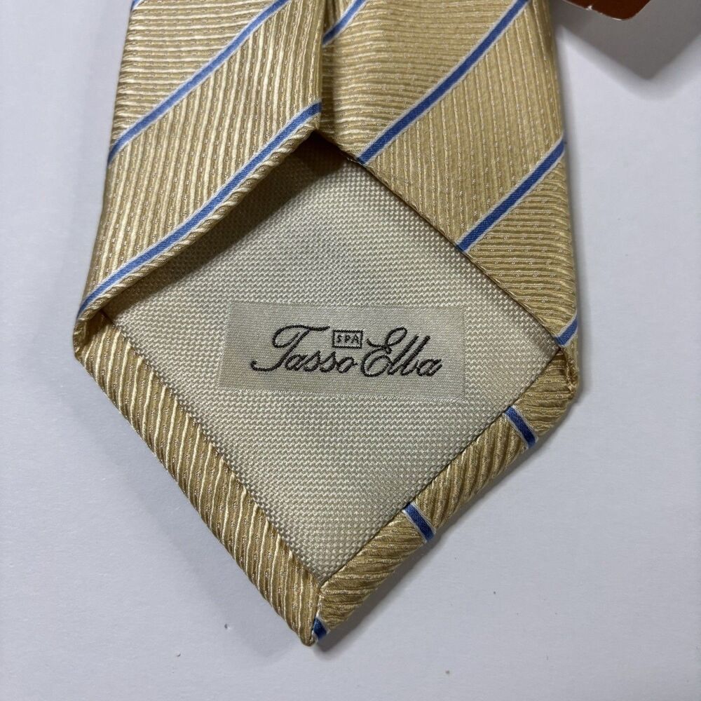 Tasso Elba Men's Business Neck Tie Yellow Blue Stripes Repp 100% Silk - Picture 2 of 8